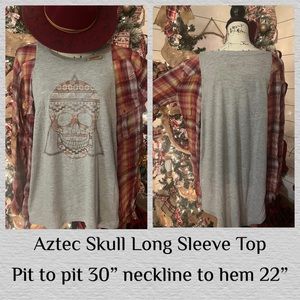 Upcycled, Boho Style, Aztec Skull, Long Sleeve One of a Kind Women’s Shirt